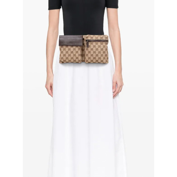 GUCCI GG Canvas web waist Body bum bag double pocket Leather logo belt bag NEW - Picture 2 of 12